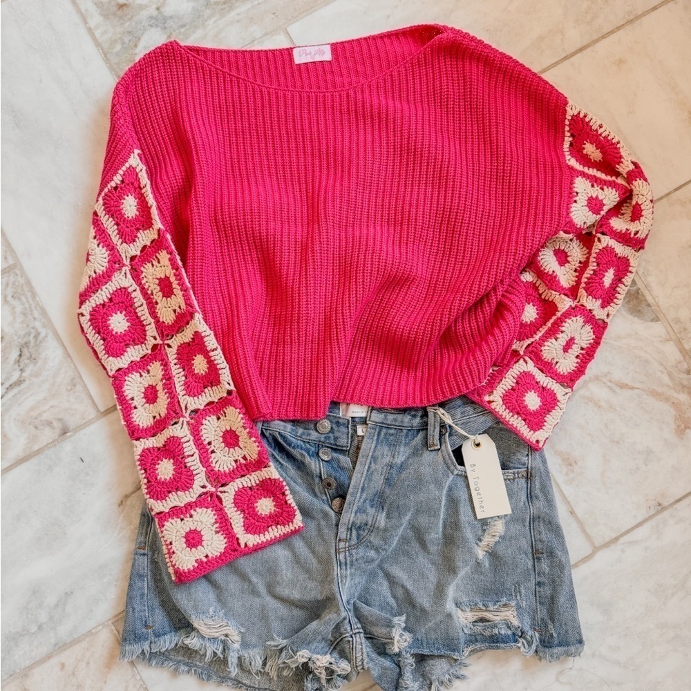 Pink Lily Fuchsia Crewneck Sweater with Crochet-Pattern Balloon Sleeves - Picture 14 of 16